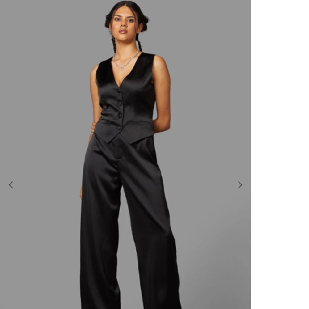 Jason Wu Black Satin Vest and Wide Leg Pants Set, NWT, Size 6